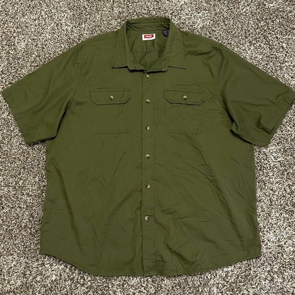 Wrangler Shirt Men's XXL Olive Green Button Up Short Sleeve‎ Utility Pockets - Picture 2 of 10